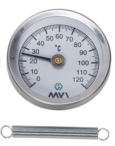 Термометр аксиальный MVI, биметаллический, диапазон показаний от 0°C до 120°C, диаметр корпуса 63 мм, накладной Термометр аксиальный MVI, биметаллический, диапазон показаний от 0°C до 120°C, диаметр корпуса 63 мм, накладной